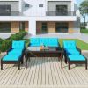 6-Piece Outdoor Patio PE Wicker Rattan Sofa Set Dining Table Set with Removable Cushions and Tempered Glass Tea Table for Backyard- Blue