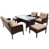 6-Piece Outdoor Patio PE Wicker Rattan Sofa Set Dining Table Set with Removable Cushions and Tempered Glass Tea Table for Backyard - Light Coffee