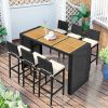 Outdoor Patio 7-Piece Rattan Dining Table Set, PE Wicker Bar Furniture Set with Wood Tabletop and 6 Dining Chairs , Black Rattan+Beige Cushion - Black