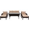 6-Piece Outdoor Patio PE Wicker Rattan Sofa Set Dining Table Set with Removable Cushions and Tempered Glass Tea Table for Backyard - Light Coffee